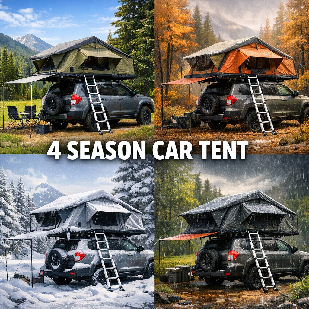 4 season car tent mounted on an SUV showing durability and weather resistance for camping in all seasons.