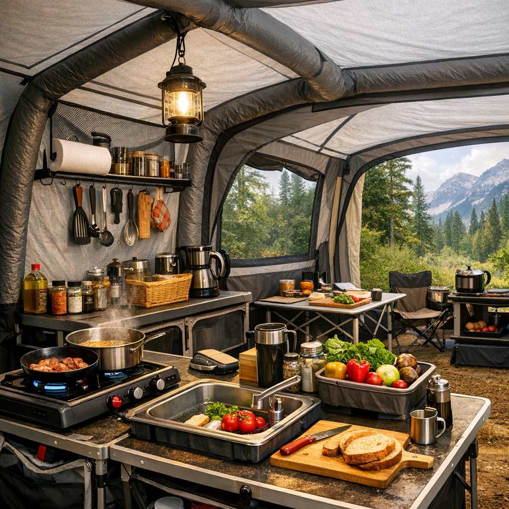 Outdoor air tent kitchen with stove, counter, fresh ingredients, and cooking gear in a mountain campsite.