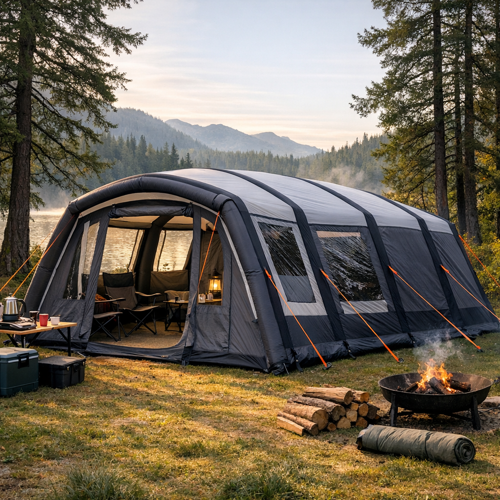 Spacious air tent large set up in a forest clearing with campfire and outdoor camping gear.