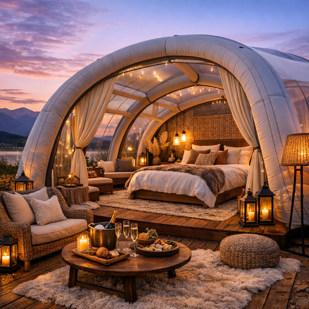 Luxury air tent with cozy seating and bed under a transparent dome at sunset for stylish outdoor comfort.