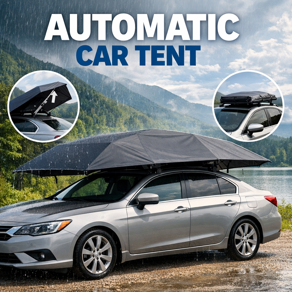 Automatic car tent installed over a silver sedan, providing quick, protective outdoor coverage.
