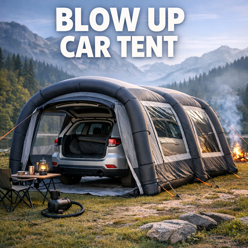 Inflatable blow up car tent set up outdoors covering a vehicle, surrounded by nature and camping gear.