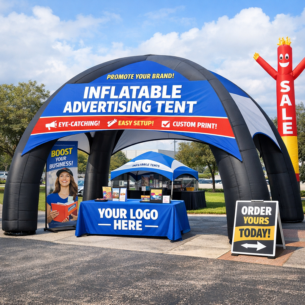 Inflatable advertising tent with custom branding set up at an outdoor promotional event.