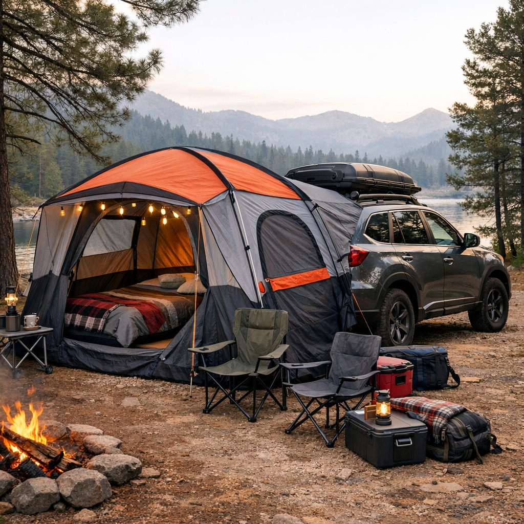 Scenic lakeside car camping tent attached to an SUV with outdoor chairs and a glowing campfire nearby.