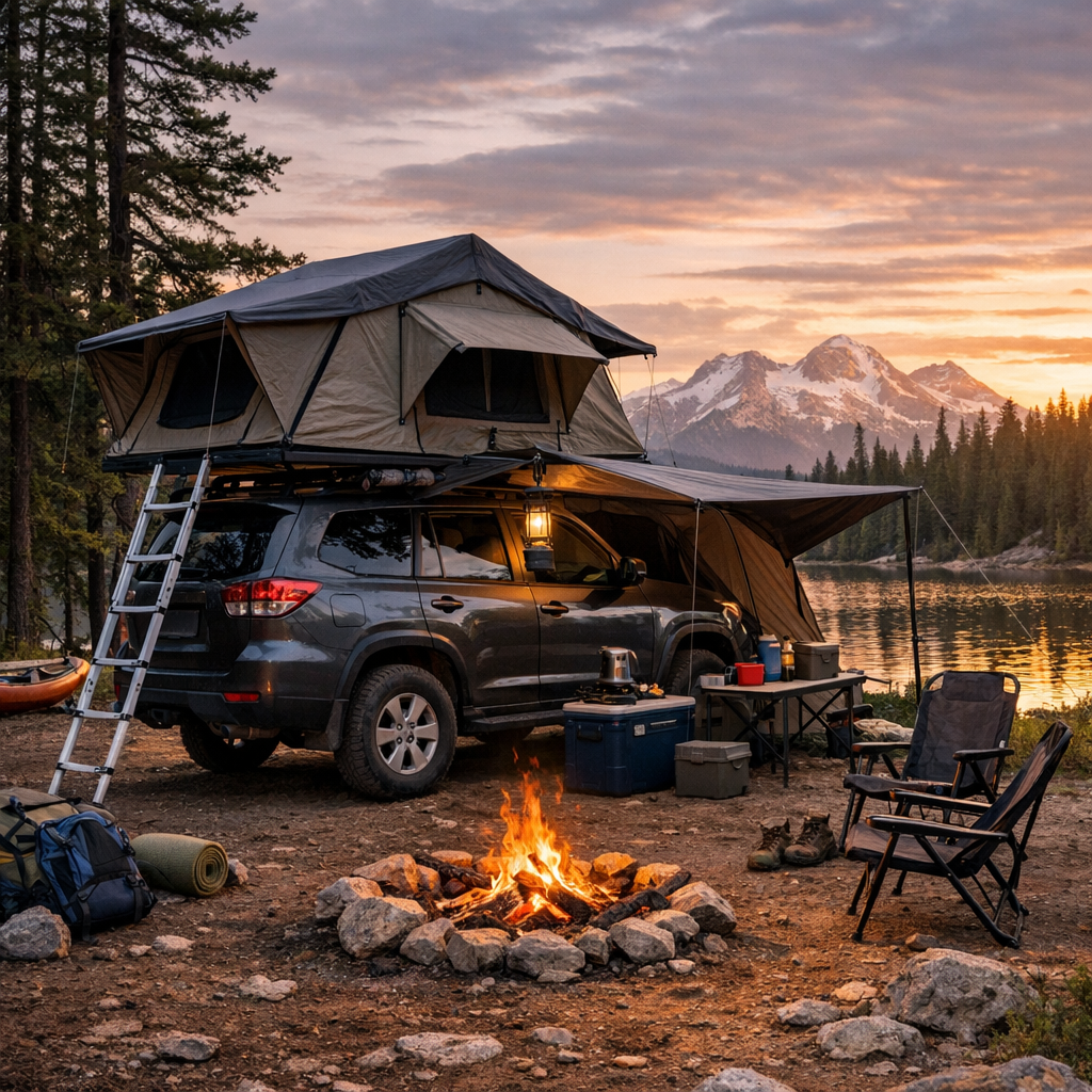 Off-road SUV parked by a lake with rooftop tent set up and campfire glowing at sunset for car tent camping.