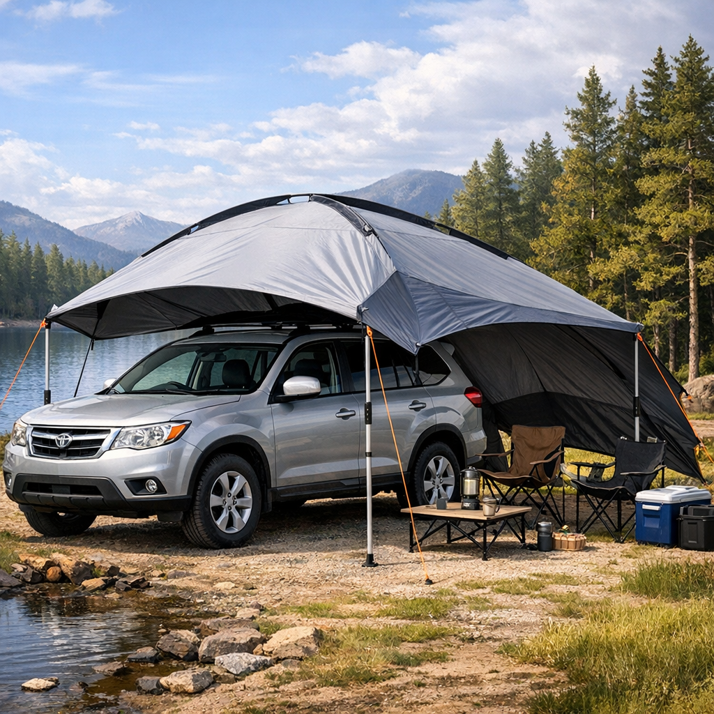 SUV parked by a lake with a car tent canopy attached, set up in a forested mountain camping area.