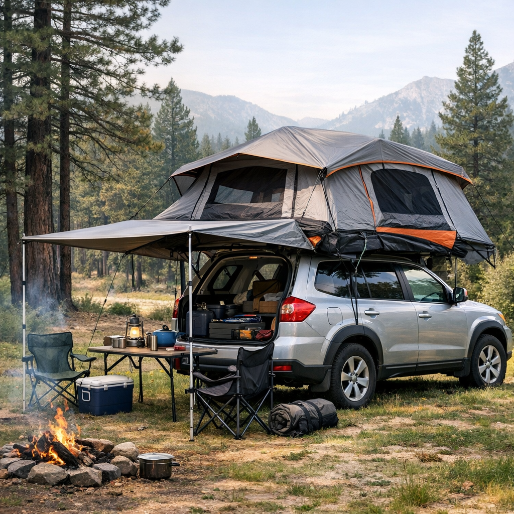 SUV with a rooftop car tent set up for camping in a forested mountain area.
