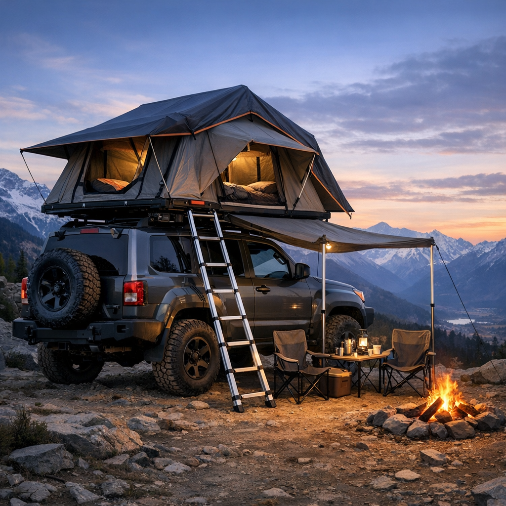 Off-road vehicle with car tent on roof set up near campfire in mountainous landscape at sunset.