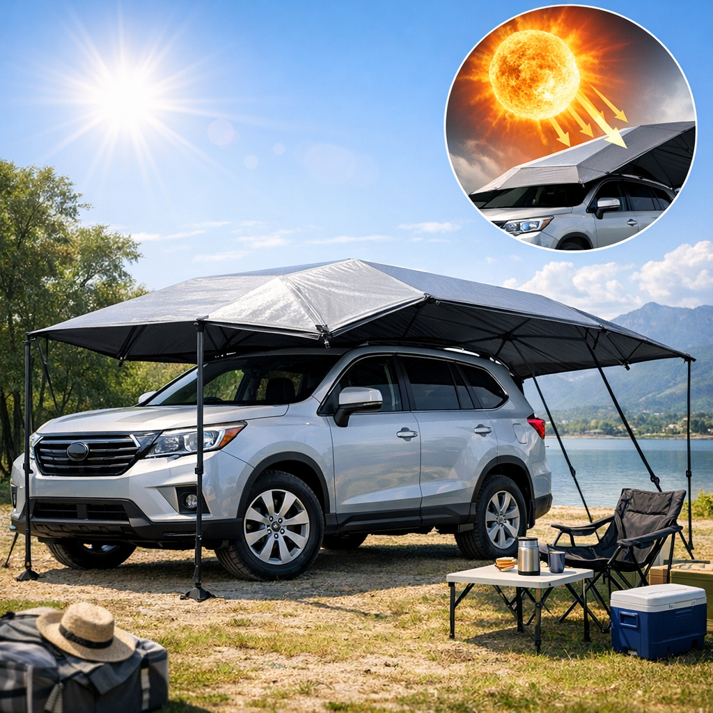 Car tent shade canopy providing UV protection over a parked vehicle at an outdoor camping site.
