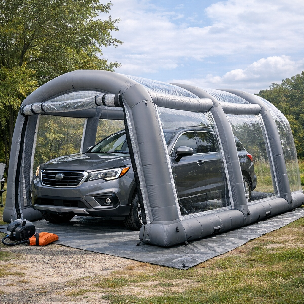 Inflatable car tent shelter covering a parked SUV outdoors, providing quick and durable vehicle protection.
