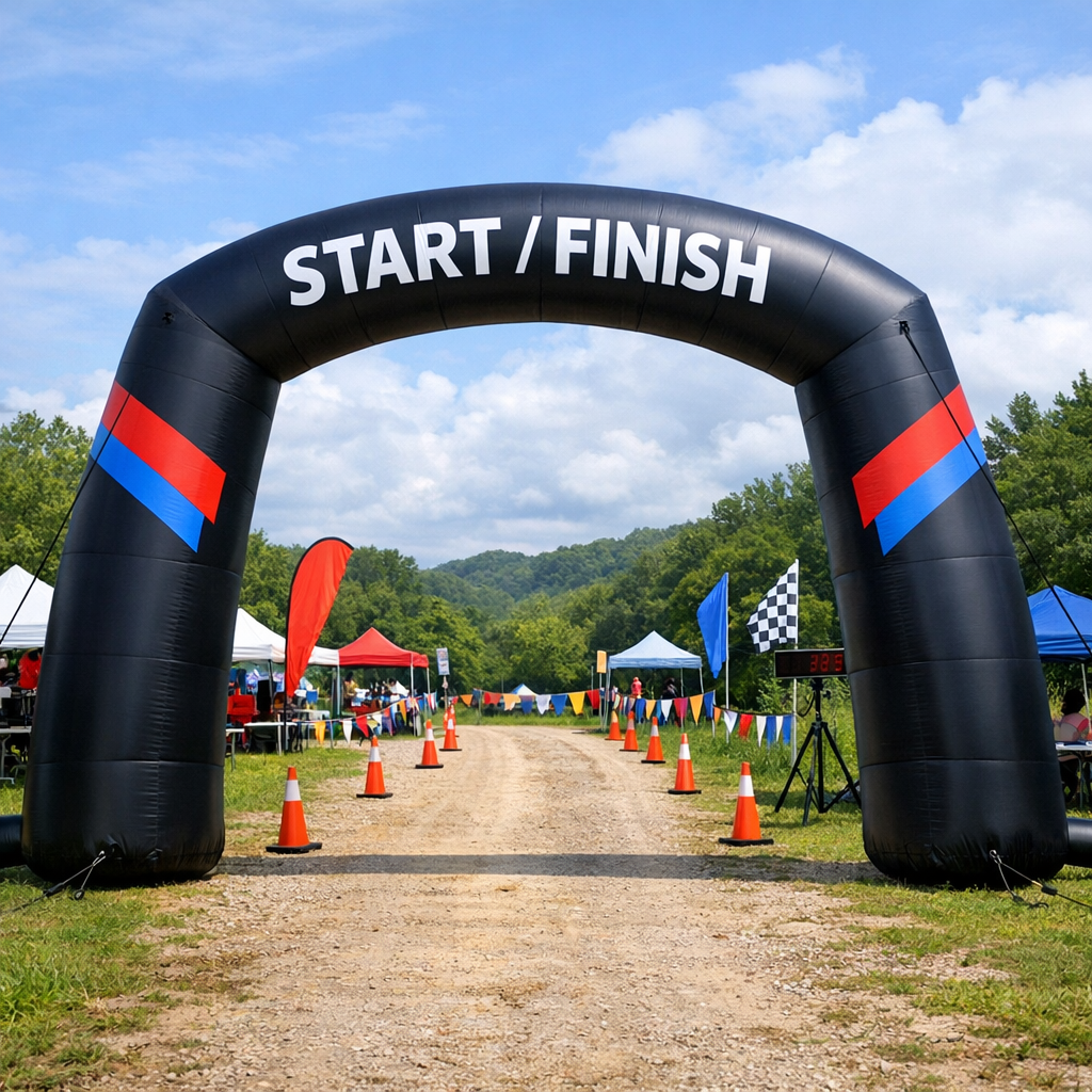 Outdoor inflatable arch marking start/finish line at a race with tents and traffic cones in the background.
