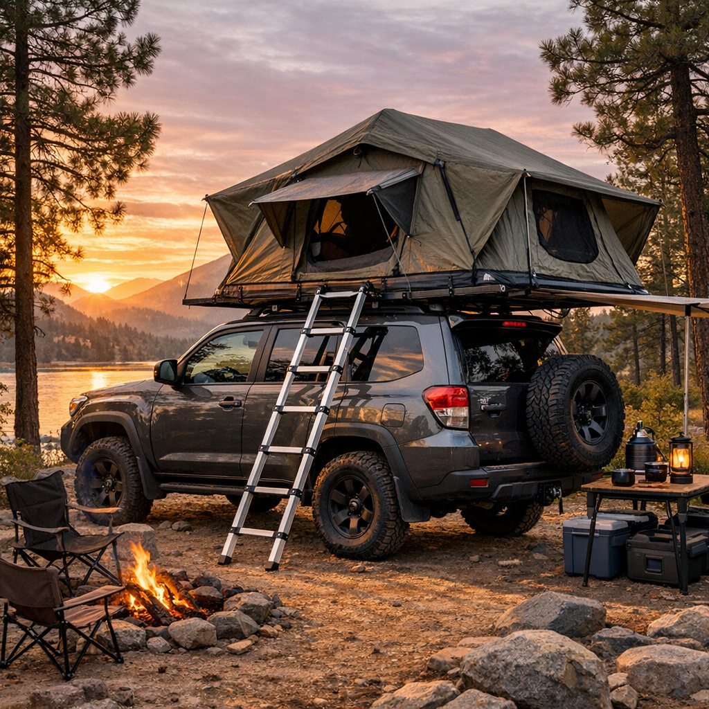 Off-road SUV parked by lake at sunset with rooftop tent set up for camping.