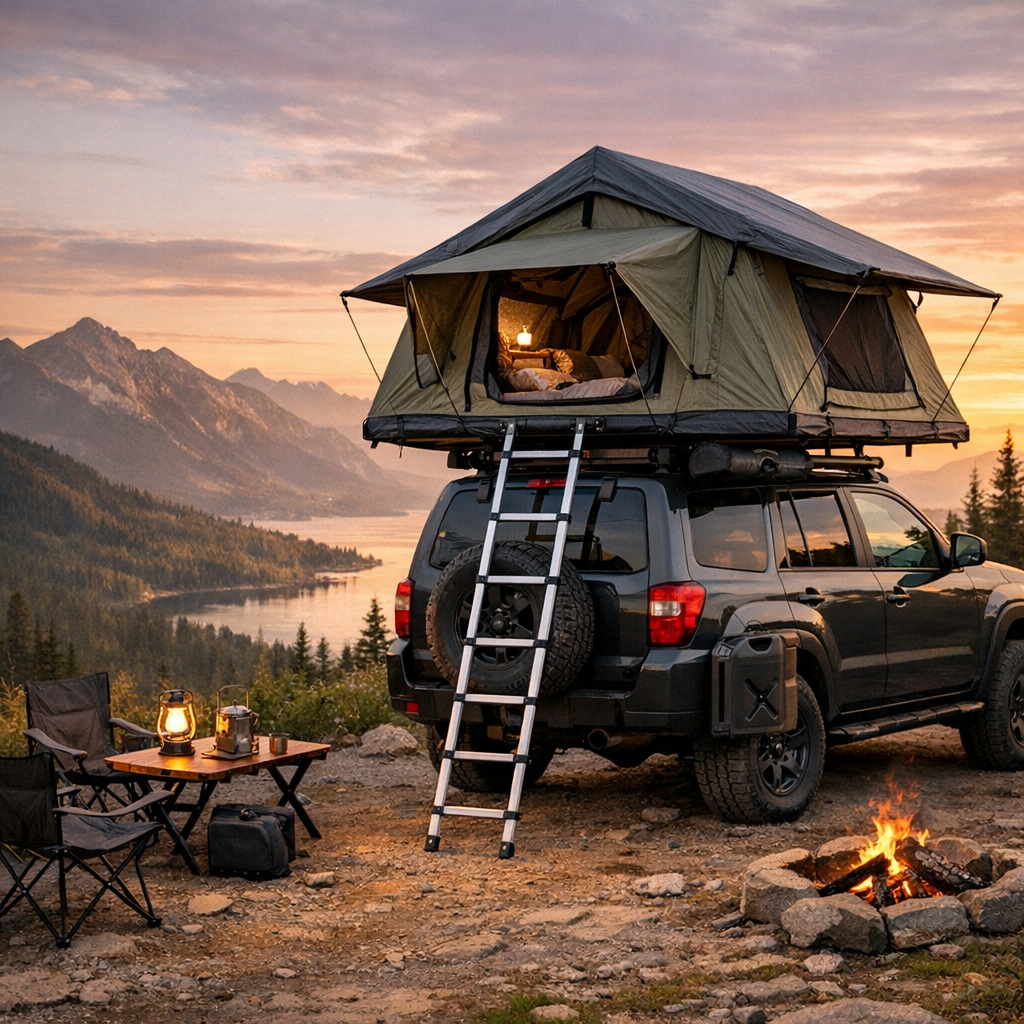 Off-road vehicle with rooftop car tent set up at sunset in a mountainous landscape, ready for camping.