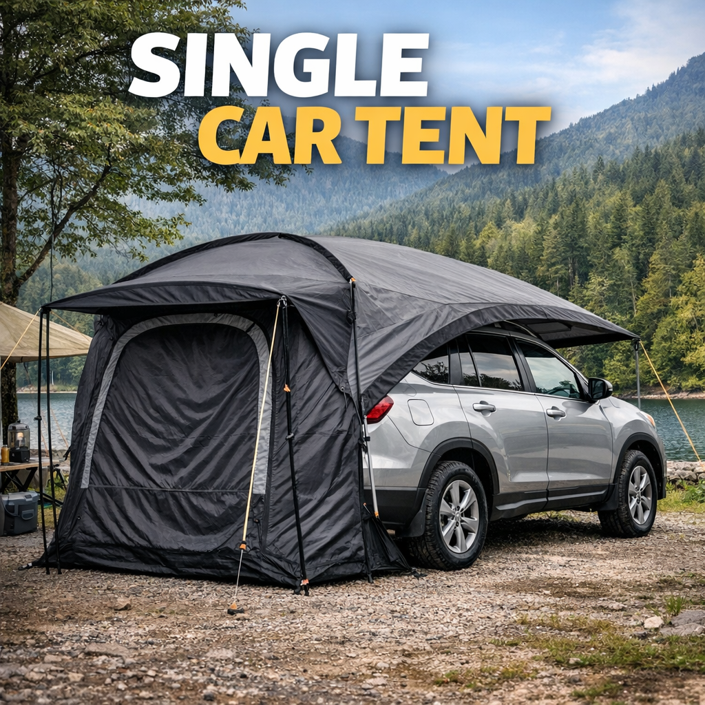 Single car tent attached to an SUV by a lake, providing compact shelter for outdoor camping.