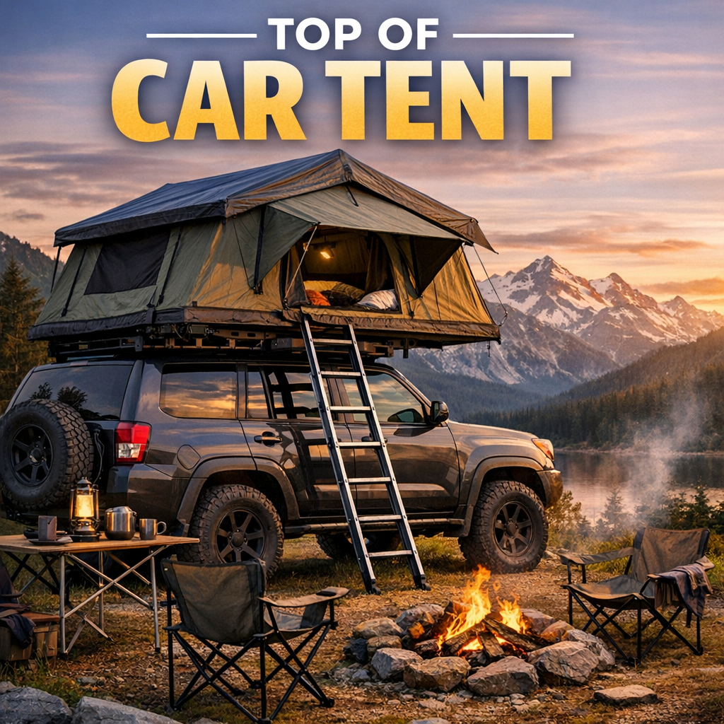 Off-road vehicle with rooftop tent set up for camping in a scenic mountain landscape at sunset.